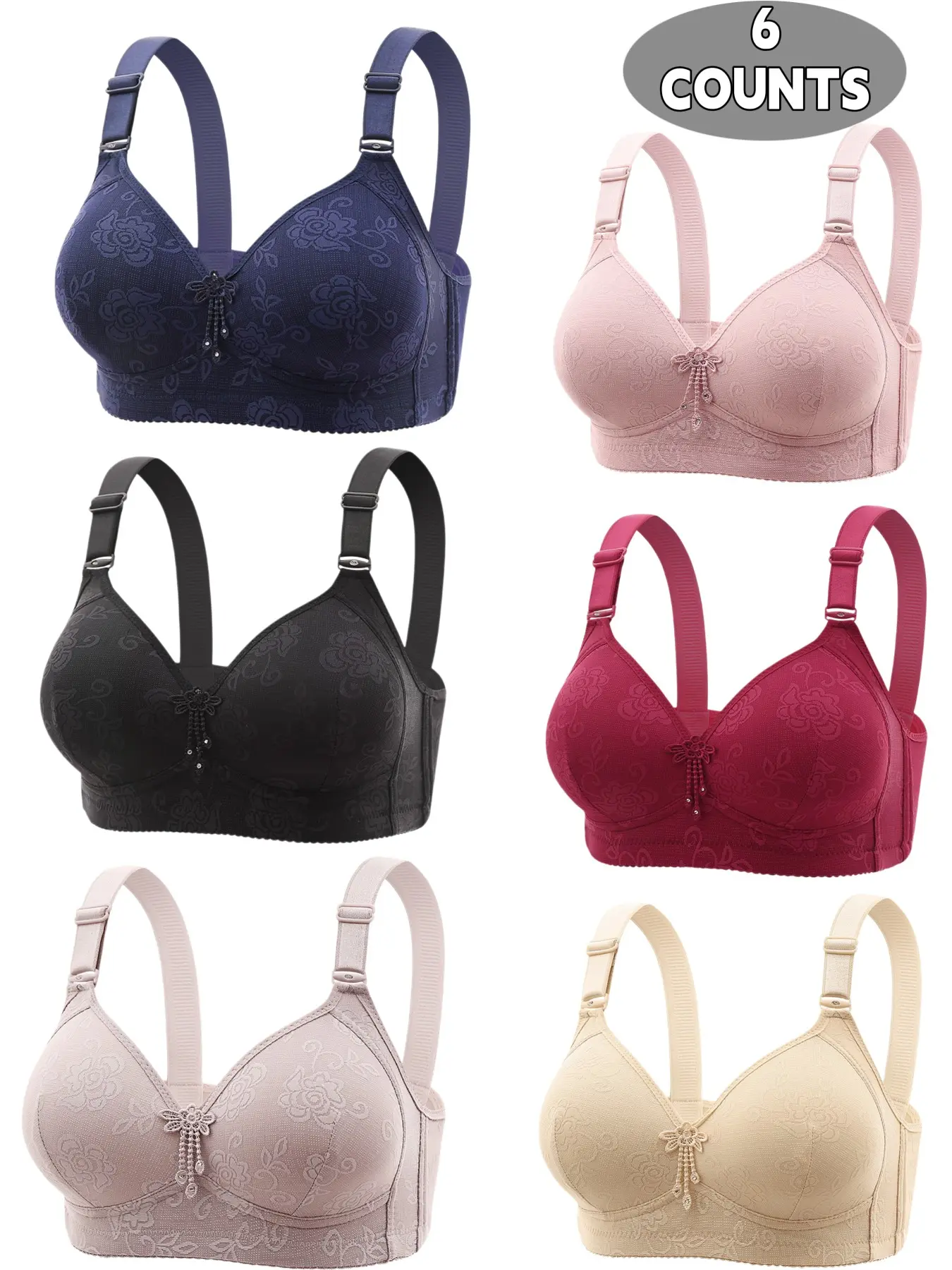 6-Pack Women's Lace Wireless Push-Up Bras, Seamless Comfort Fit, Daily Wear Underwire-Free Bra, Breathable Soft Fabric, Full Day Support