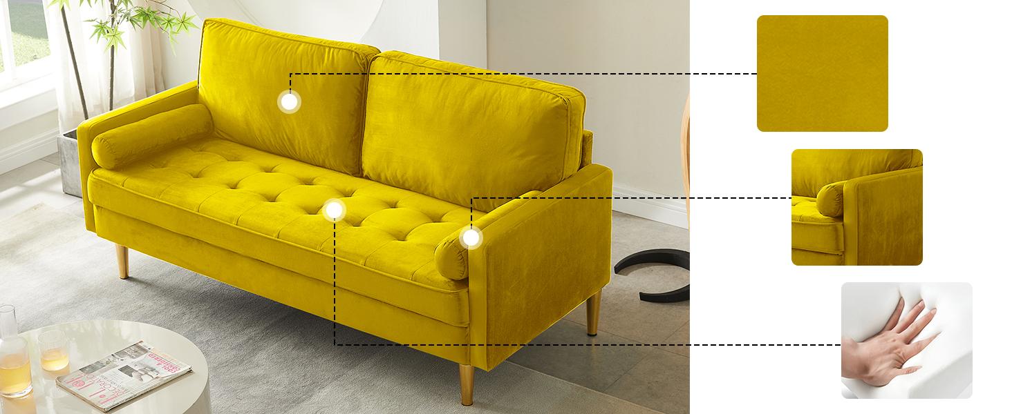 SZLIZCCC 67 Inch Modern Velvet Loveseat Sofa with Tufted Upholstered Back - Mid-Century Compact Design for Small Spaces Living Room&Bedroom (Yellow)​​