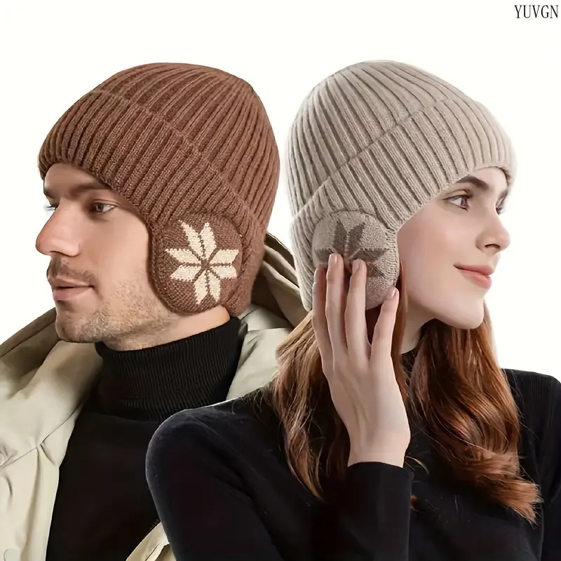 Thickened Ear‑flap Winter Knit Hat, Adjustable Warm Ear Protection Beanie, Snowflake Jacquard Thermal Skull Cap, Hand‑Washable Cold‑weather Headwear for Skiing, Snowboarding & Outdoor Daily Activities