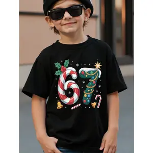 67 Number & Christmas Print Sweatshirt - Boys & Girls 67th or 67th Day of Christmas Outfit, Candy Cane & Number 67 Logo Design Round Neck Sweater for Boys and Girls