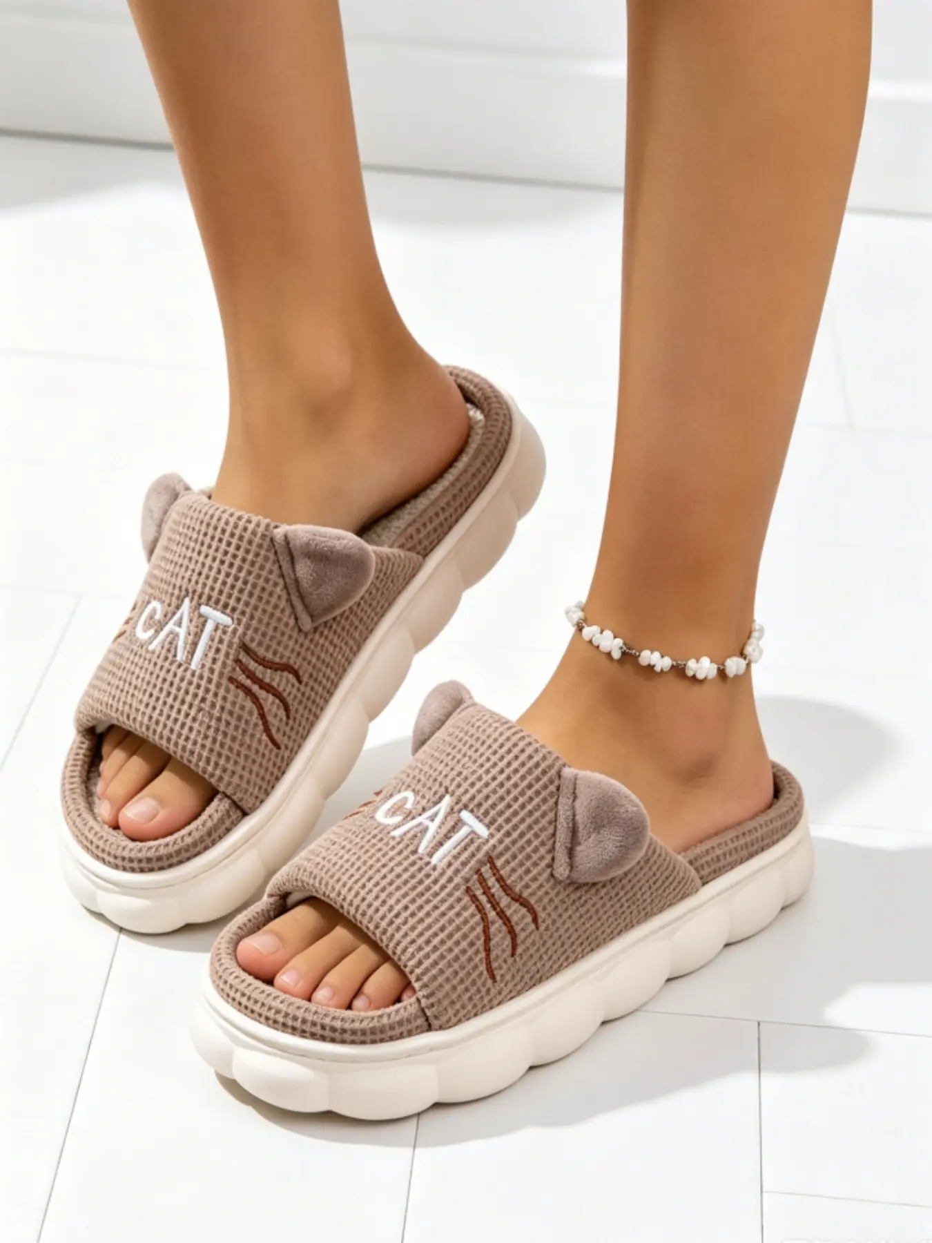Tiktok Trendy Cat Ear Slippers, Fashionable Embroidered Waffle Linen, Non-Slip Soft Thick Sole, Unisex All-Season Home Shoes