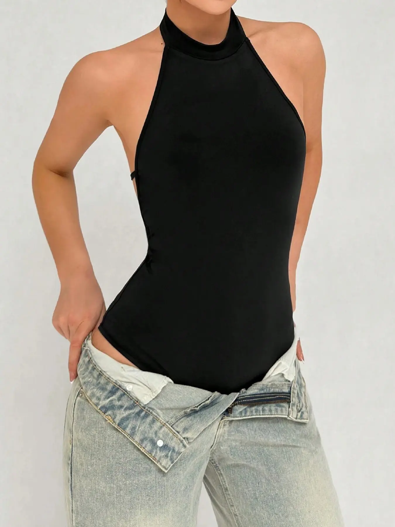Halter Backless Bodysuit for Women, Rhinestone Buckle Strappy Back, Sleeveless Slim Fit Bodycon, Basic Going Out Top