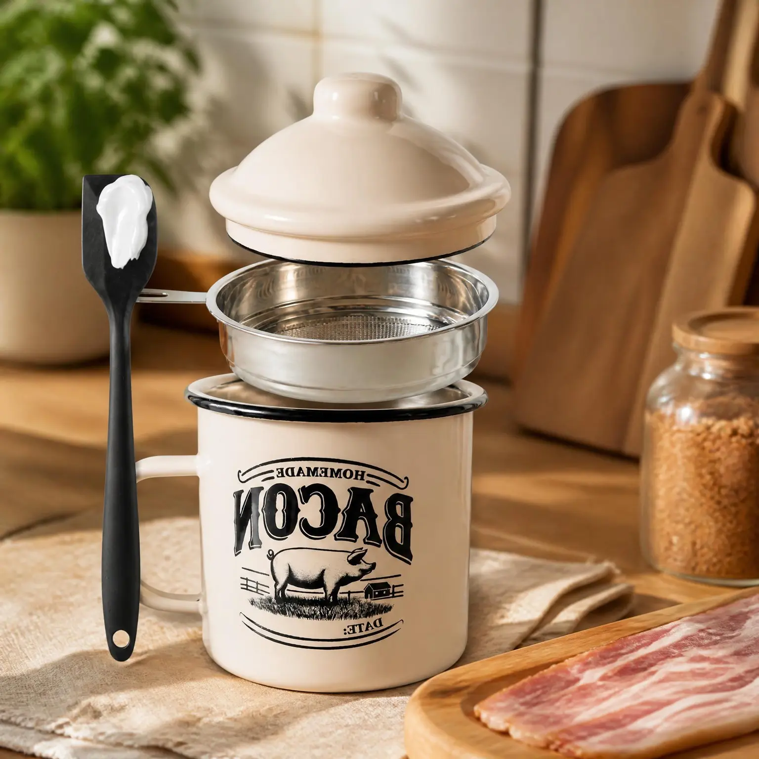 24oz Farmhouse Beige Enamel Bacon Grease Container with Strainer