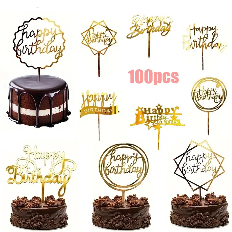 100pcs, Acrylic Cake Inserts, Party Cake Decor, Golden glitter Cake Topper, Happy Birthday Letter Inserts Card, Birthday Party Cake Decor, Creative Baking Supplies, Holiday and birthday gifts