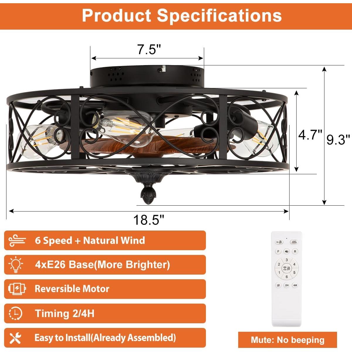 SUNDAY MIRTH Caged Flush Mount Ceiling Fan with Lights, Farmhouse Rustic Bladeless Ceiling Fans with Lights and Remote, Low Profile Small Enclosed Ceiling Fan with Light for Bedroom, Kitchen, Black