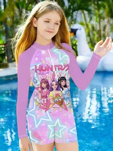 Girls' One-Piece Swimsuit, Easter Bunny Egg K-Pop Girl Group Print, Beach Pool Quick-Dry Sun Protection Long Sleeve Swimwear