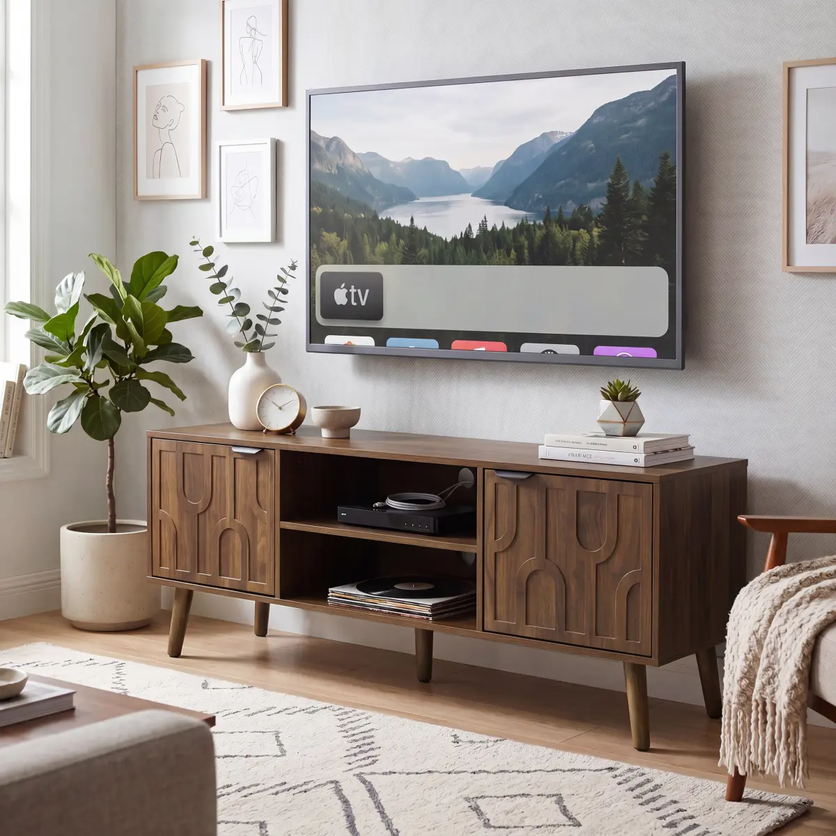 47.2-inch walnut TV stand, mid-century modern style TV stand for 32/45 inch TV, entertainment center with storage  with paper clip design, media console for living room and bedroom.