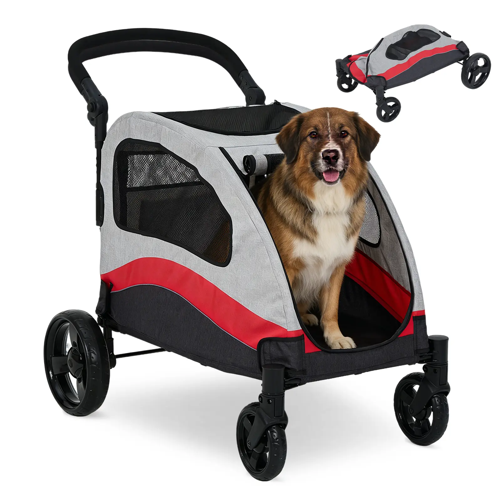 Extra Large Dog Stroller for Large Dogs 160 LBS Weight Capacity Collapsible Pet Stroller Wagon with All Terrain Shock Absorption Wheels 3 Doors 5 Mesh Windows Adjustable Handlebar Heavy Duty Dog Cart Bicycle Trailer Style for 2 Medium Dogs