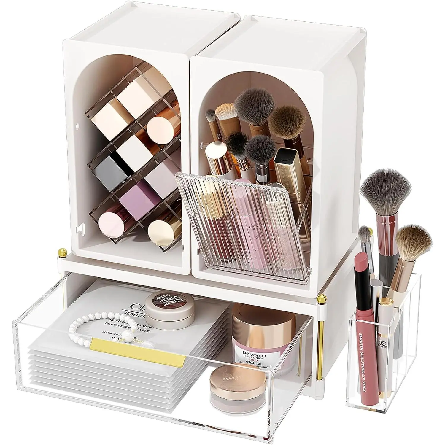 Compact Makeup Organizer Set, Lipstick Holder with Grid,Makeup Brush Organizer with Flip Drawer, 2 Ways to Arrange, Milk White Vanity Countertop Storage with Detachable Drawer for Cosmetics,clear
