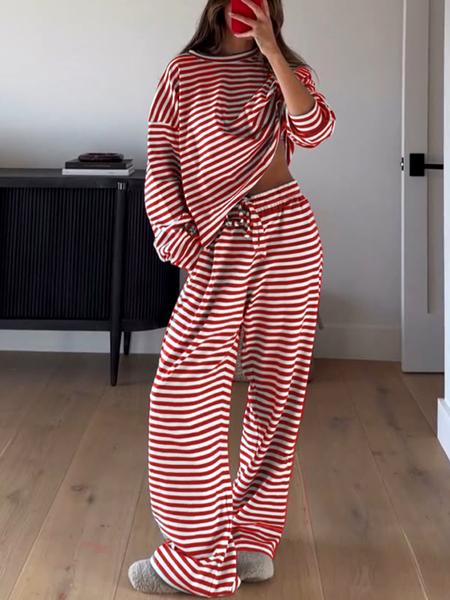 Women's Casual Striped Long Sleeve Top & Pants Set, Comfortable Loose-Fitting Two-Piece, Fashionable Clothing for Daily Wear Women's Casual Striped Long Sleeve Top & Pants Set, Comfortable Loose-Fitting Two-Piece, Fashionable Clothing for Daily Wear