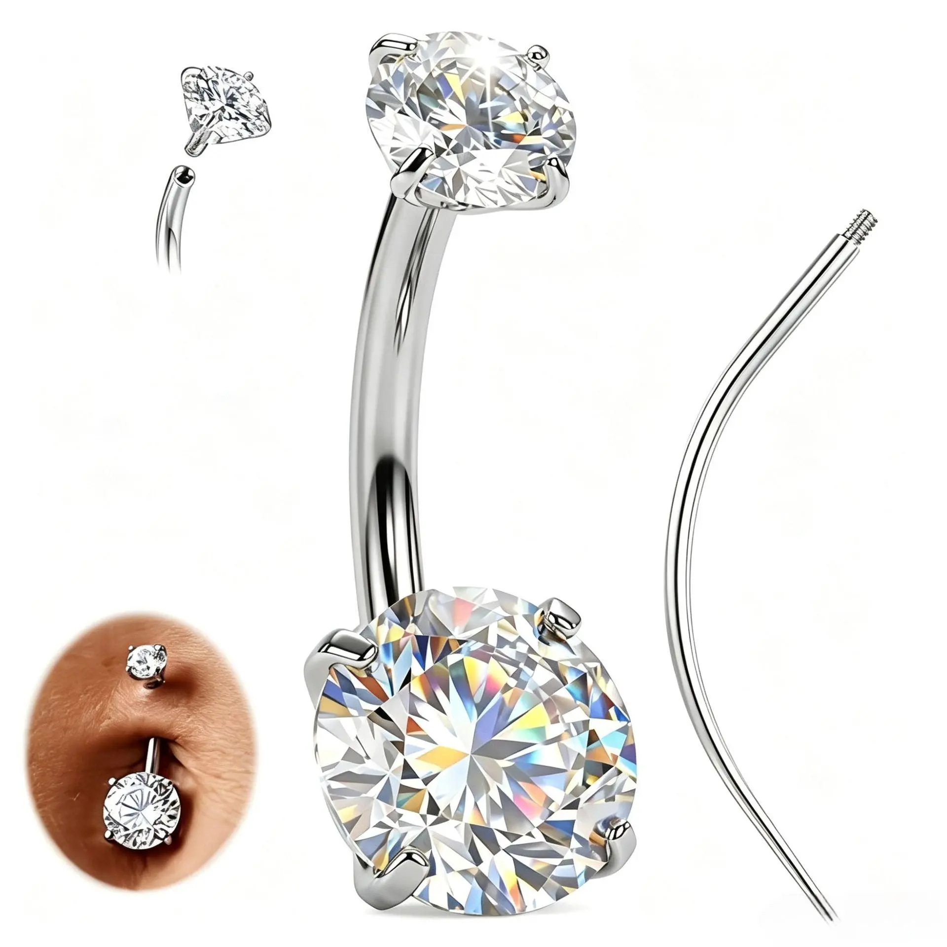 14K Gold Plated Titanium Belly Button Ring Gold/Silver 14G 6mm 8mm 10mm 12mm 14mm 16mm G23 Belly Button Piercing Bar with Insertion Piercing Taper Internally Threaded Navel Body Piercing Jewelry Set