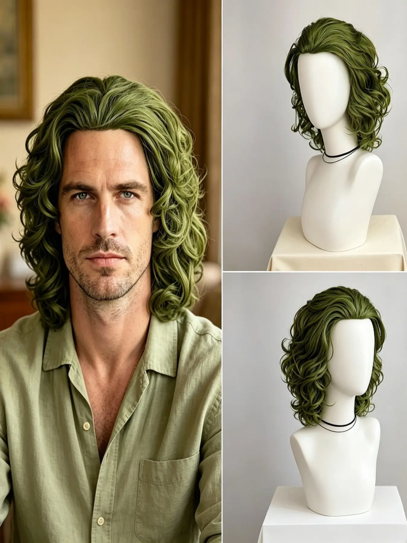 Dark green curly wig, high-temperature heat-resistant fiber wig, suitable for anime cosplay, Halloween costumes, and role-playing, Synthetic curly wigs.