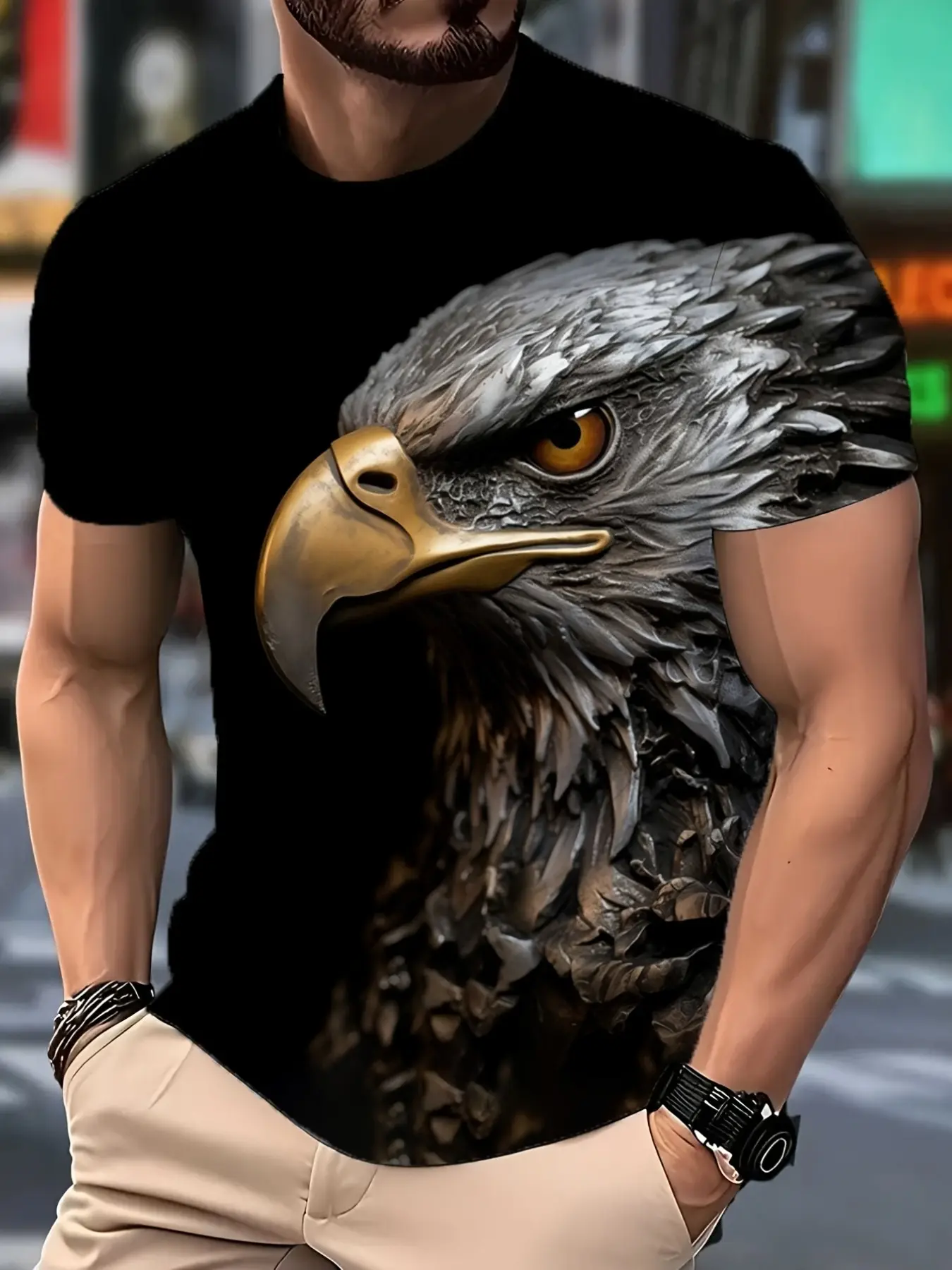 American Vintage Men's Short Sleeve T-Shirt, Base 3D Eagle Head Print, Metal Texture, Fitted Casual Style