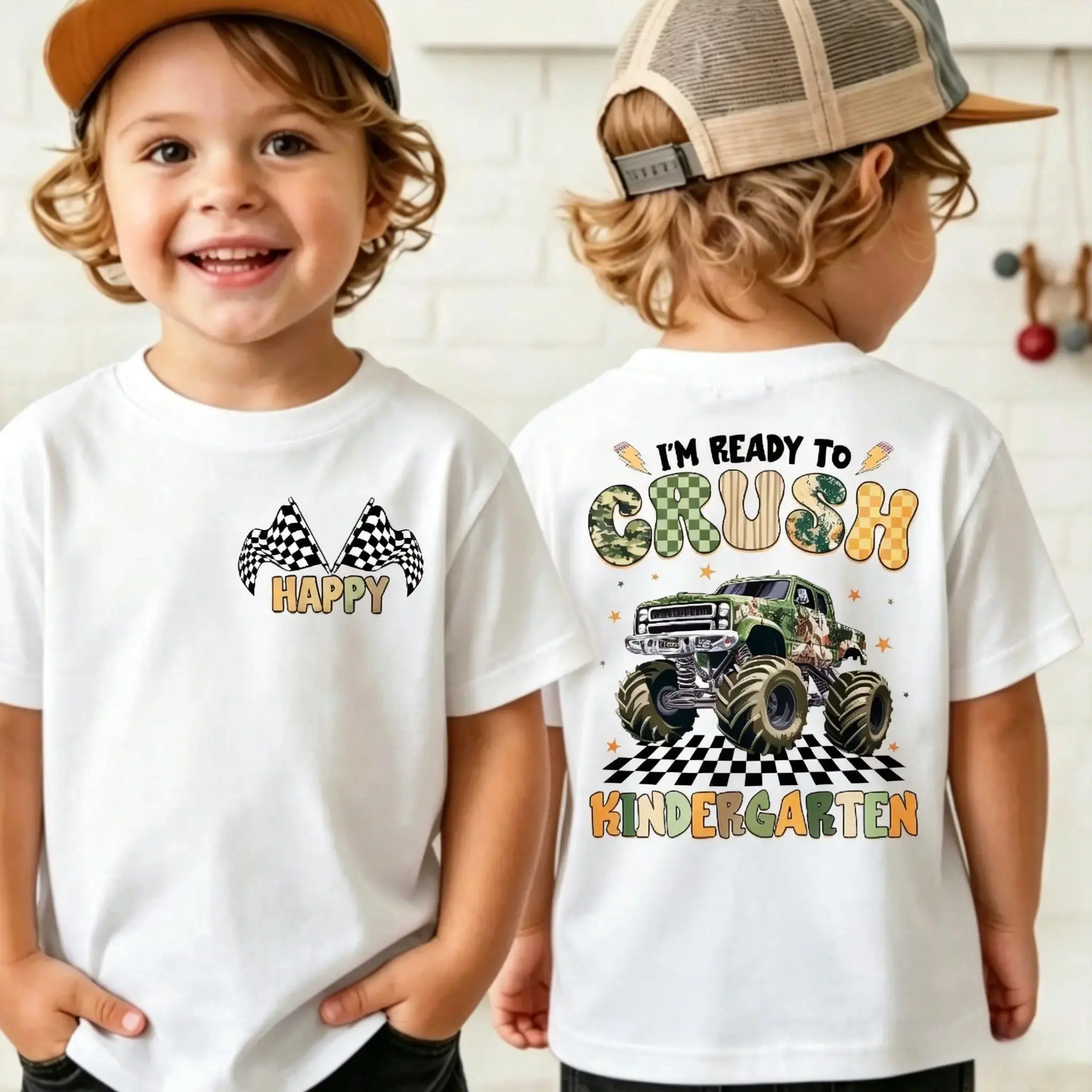 Ready to Crush Kindergarten Boys T-Shirt, Cool Truck Graphic Back To School Crew Neck Tee, Casual Short Sleeve Kids Top, First Day Outfit, Personalized Style Toddler Boys Back To School Gift