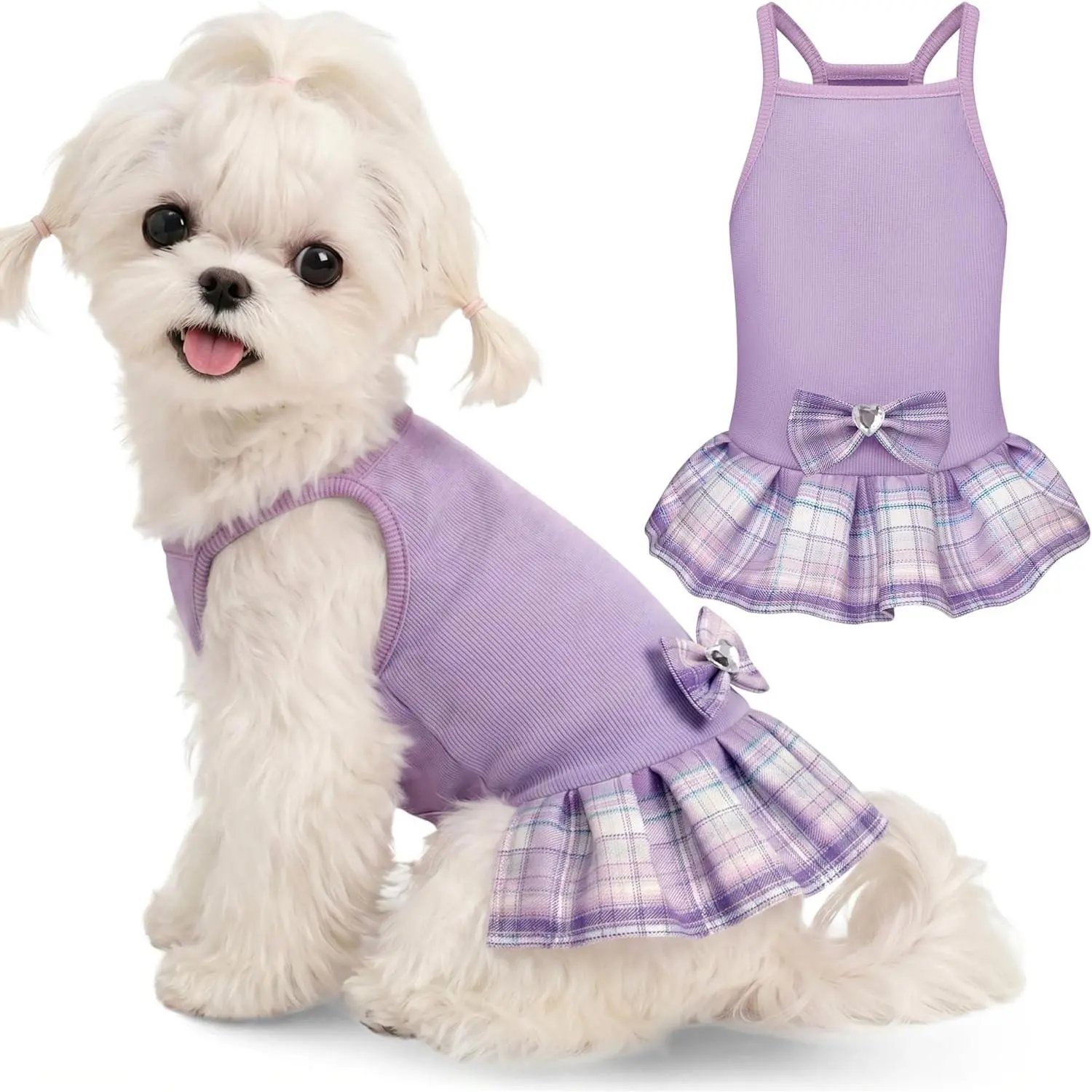 Small Dogs Girl Dress with 3D Bow, Cute Dog Summer Dresses, Princess Dog Plaid Dress Sleeveless Pet Summer Clothes for Chihuahua Yorkie Pomeranian (M, Purple)