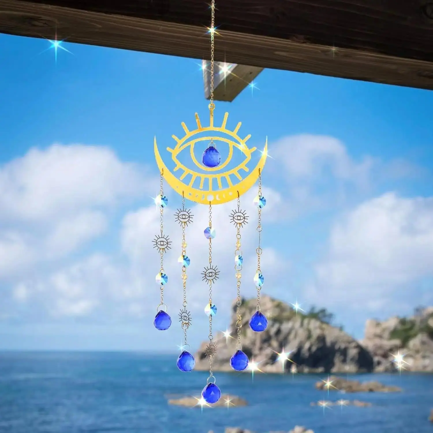 Large Crystal Wind Chime Dreamcatcher, Bohemian Sun & Moon Hanging Prism, Wall & Ceiling Decor for Home, Garden, Patio & Indoor Outdoor Spaces
