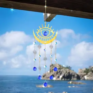 Large Crystal Wind Chime Dreamcatcher, Bohemian Sun & Moon Hanging Prism, Wall & Ceiling Decor for Home, Garden, Patio & Indoor Outdoor Spaces