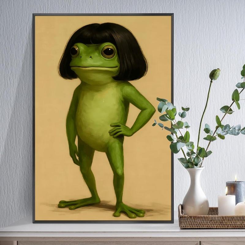 wooden frame Whimsical Frog Portrait Art With Bob Haircut (Frame)- Funny Animal Wall Art Poster Black Or Gold Framed Acrylic Wall Hanging Painting Canvas Painting Wall Painting Canvas Poster Decorative Painting Hallway Home Decoration