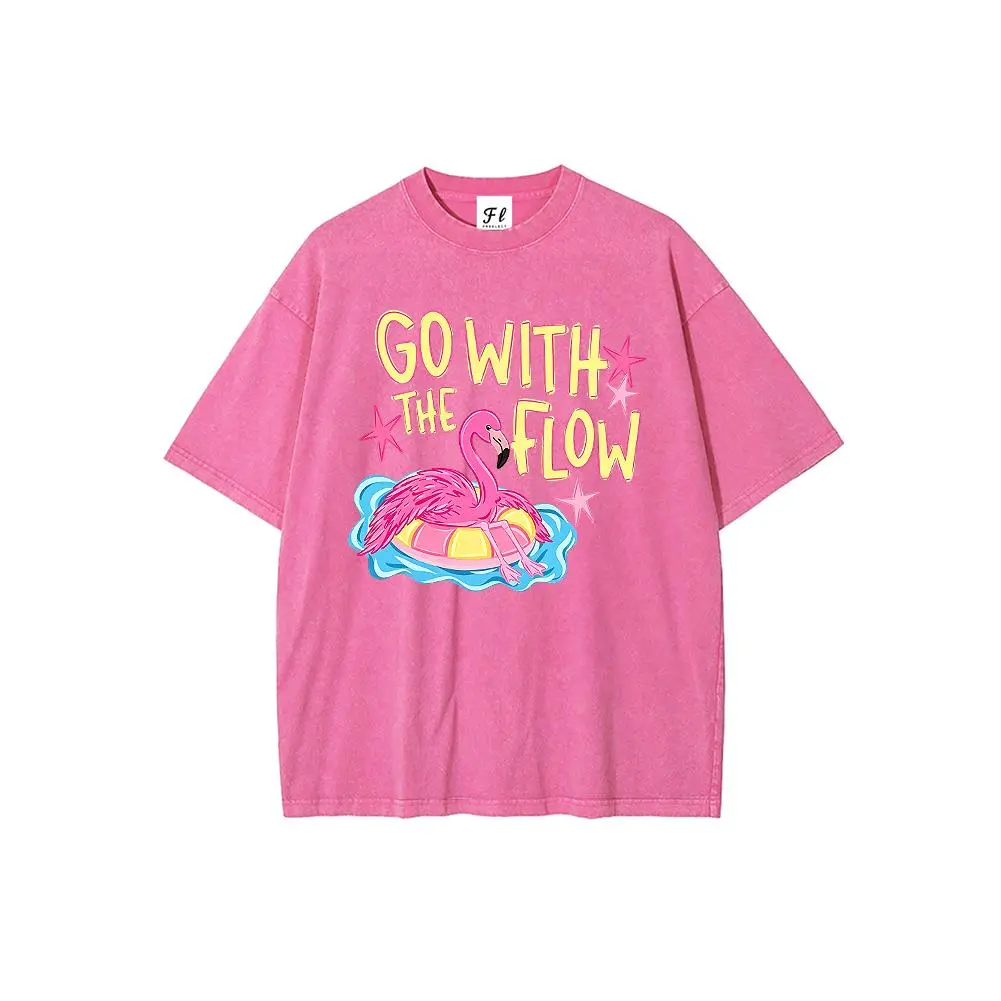 Go With The Flow Flamingo Graphic Washed T Shirt Y2K Summer Casual Loose Short Sleeve Tee