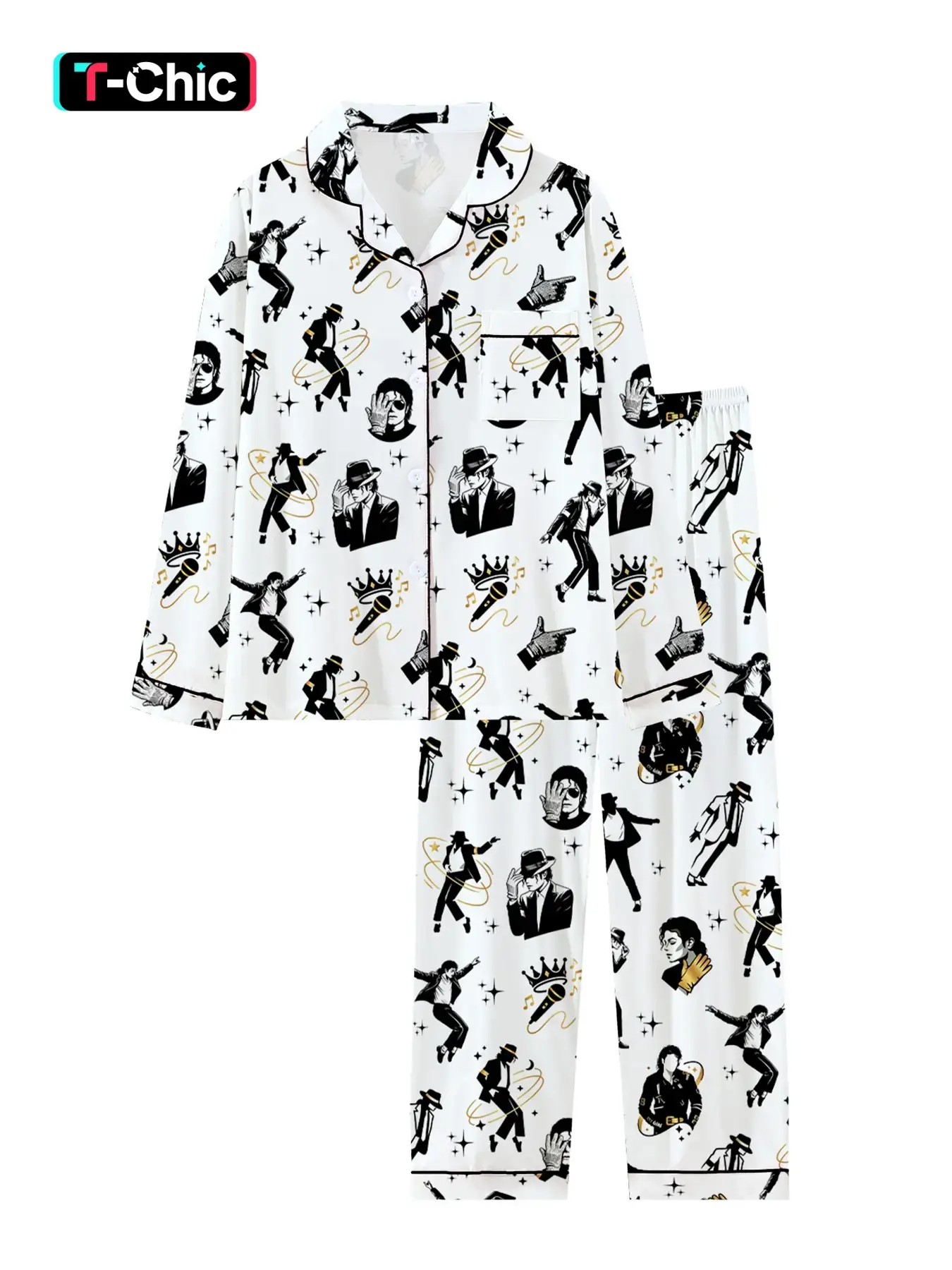 Women's Cute Retro Music Star Pajamas Set, Comfortable 2-Piece Long Sleeve Sleepwear Loungewear, High-Style Party Pajamas, Fun