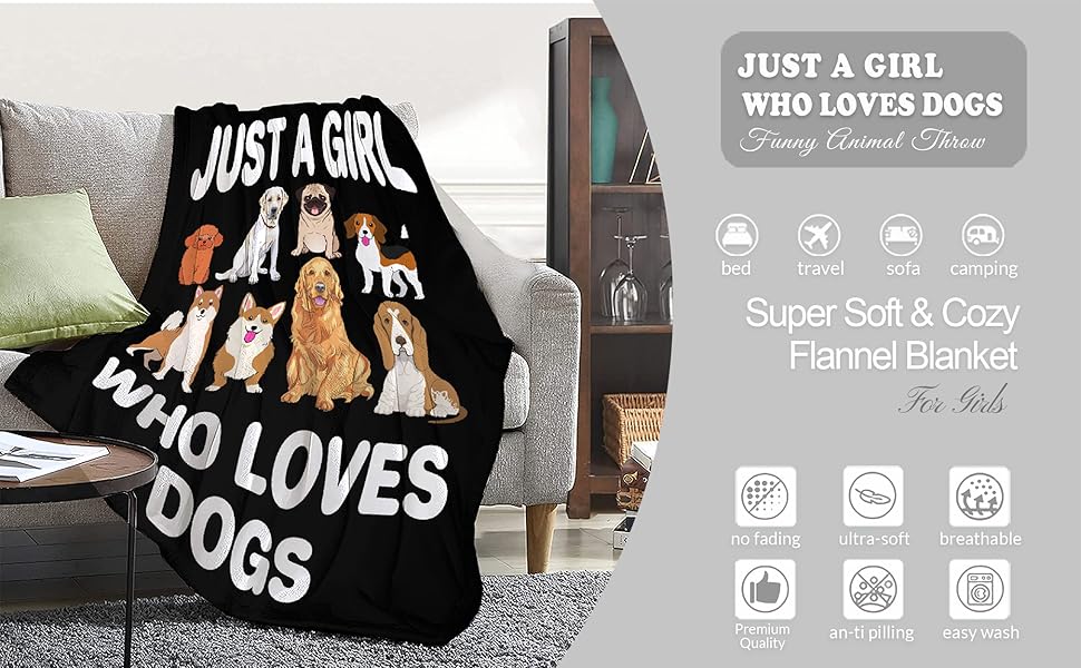 Dog Custom Name for Girls Women Blanket Just a Girl Who Loves Dogs Lightweight Throws Gift for Birthday Graduation Christmas Super Soft Flannel Blankets for Sofa-with 4 Sizes