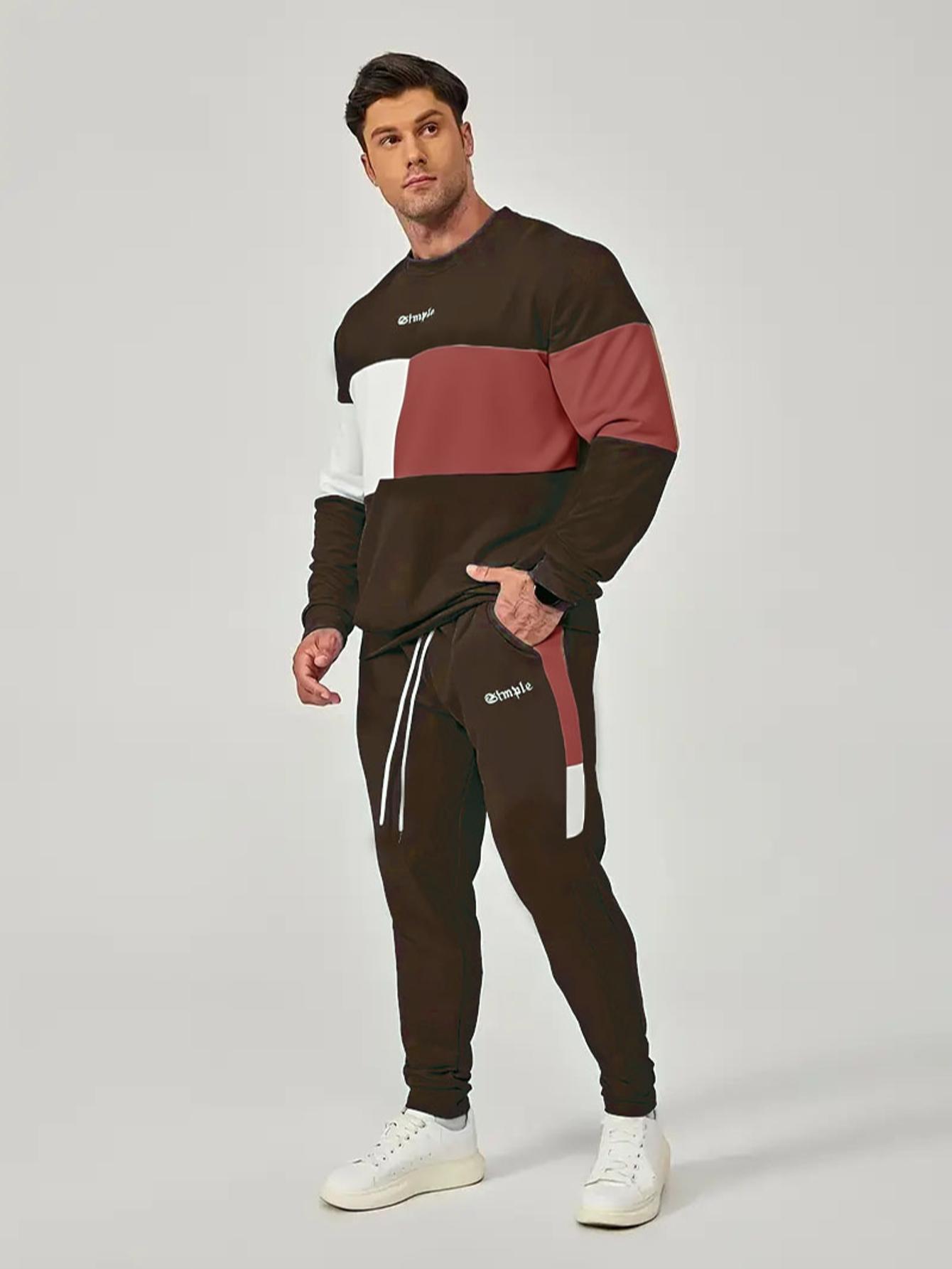 Men's color blocked 2-piece set, casual round neck long sleeved sweatshirt and sweatpants jogging pants set for winter and autumn, men's clothing