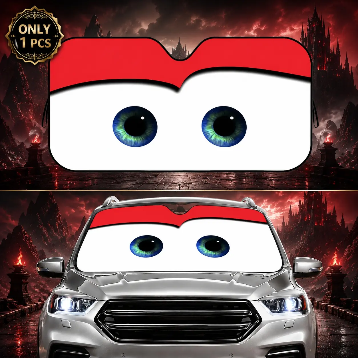 Dark Fantasy Cartoon Eyes Car Windshield Sun Shade, Red White UV Protection Heat Insulation Foldable Reflective Cover, Universal Fit for Car SUV Truck
