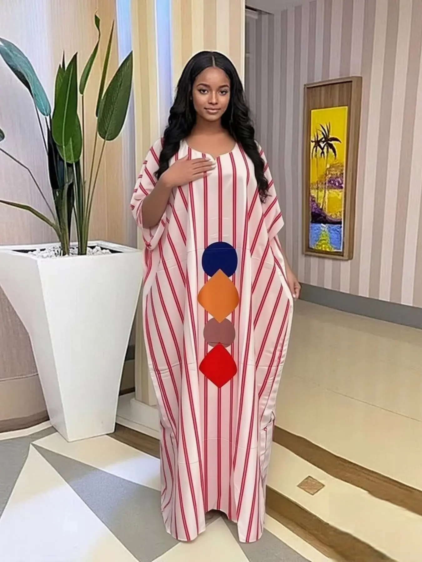 2026 New Summer African-Style Fashionable and Elegant Boubou Kaftan Traditional Wear, featuring classic stripes and color-blocked geometric prints. With loose batwing sleeves and a floor-length design, it's flattering for all body types and plus-size frie