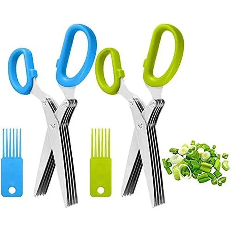 2PCS Kitchen Scissors Stainless Steel 5 Blade Herbal Scissors Mince Fresh Herbs & Leafy Greens Kitchen Gadgets Herb Cutter whit Cleaning Comb (Blue+Green)