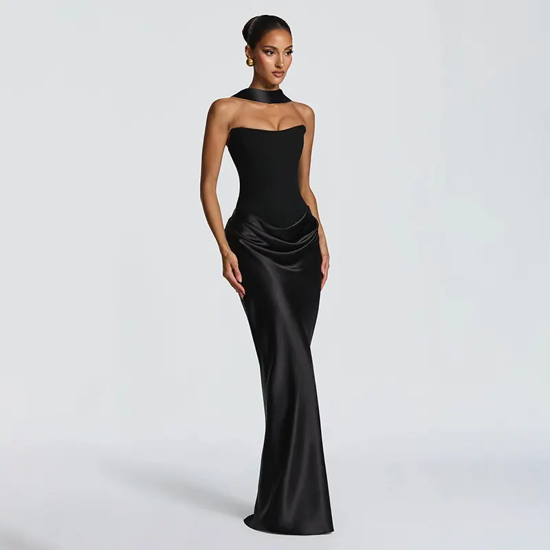2026 Spring/Summer New Women's Elegant Solid Color Sleeveless Slim Fit Dress with Ribbon Detail and Bodycon Design
