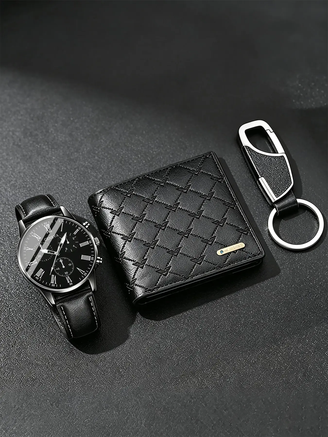 3 Piece Set Teen Boys Sports Watch, Embossed Detailing Wallet and Keychain, Fashionable Modern Youthful Daily Wear, Sporty and Stylish Accessories