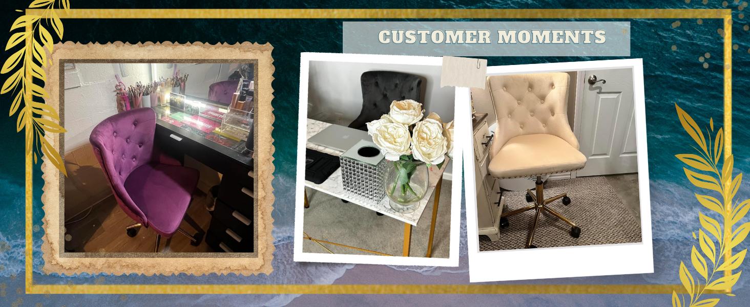 VINGLI Velvet Office Chair - Modern Upholstered Desk Chair with Adjustable Height, Tilting Mechanism, and Rolling Wheels - Pink