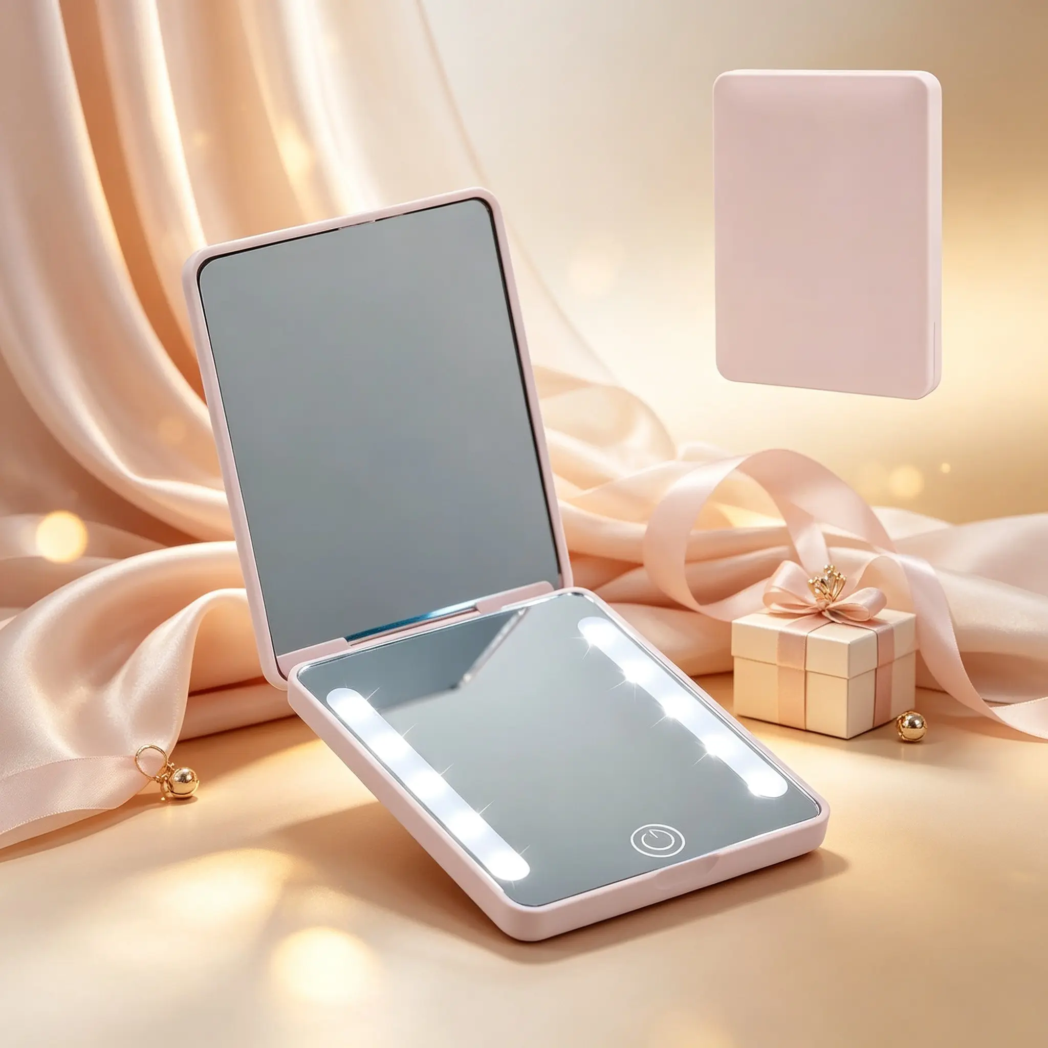 Foldable LED Makeup Mirror, Rechargeable 2x Magnification, 3 Light Modes, Touch Brightness Control, Portable Compact, Ideal Gift