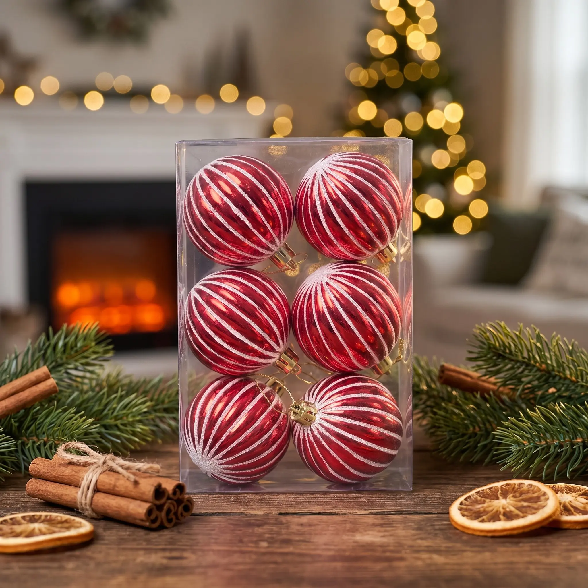6pcs 6cm Vertical Glitter Christmas Ornaments, Vintage Luxury Style, Electroplated Glossy Balls with Glitter Stripes, PVC Box Packaging