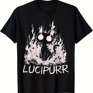 Plus Size Retro T-Shirt - 'Lucipurr Cat with Flames' Design, Soft And Breathable Material, Casual Crewneck Short Sleeve Top for Outdoor, Travel & Gym - Machine Washable Summer, Comfortable Graphic Print Shirt