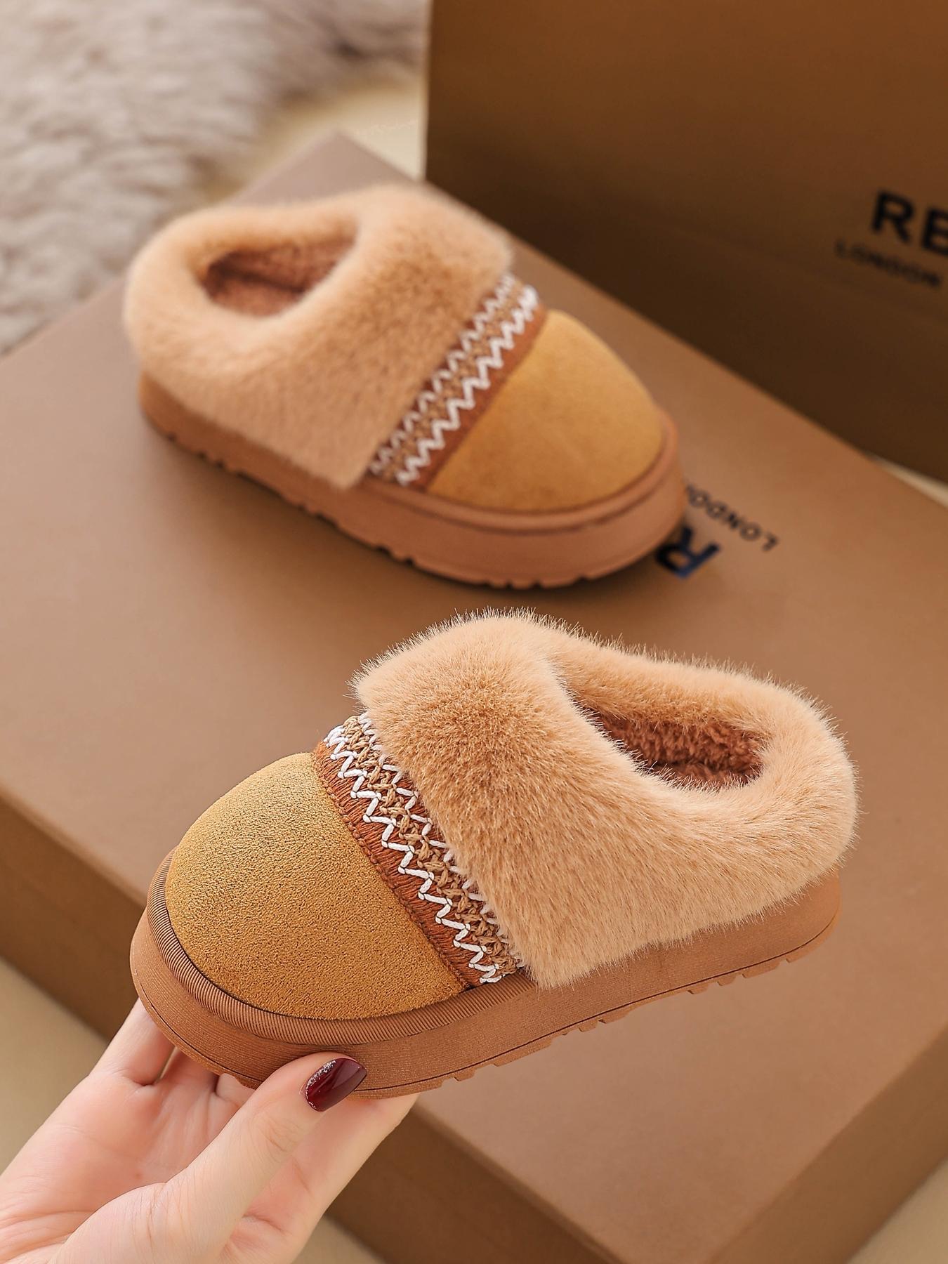 NewNewFabric Slippers for Autumn Winter, Indoor Home Anti-Slip Warm Plush Shoes, Unisex Kids Thick Casual Footwear