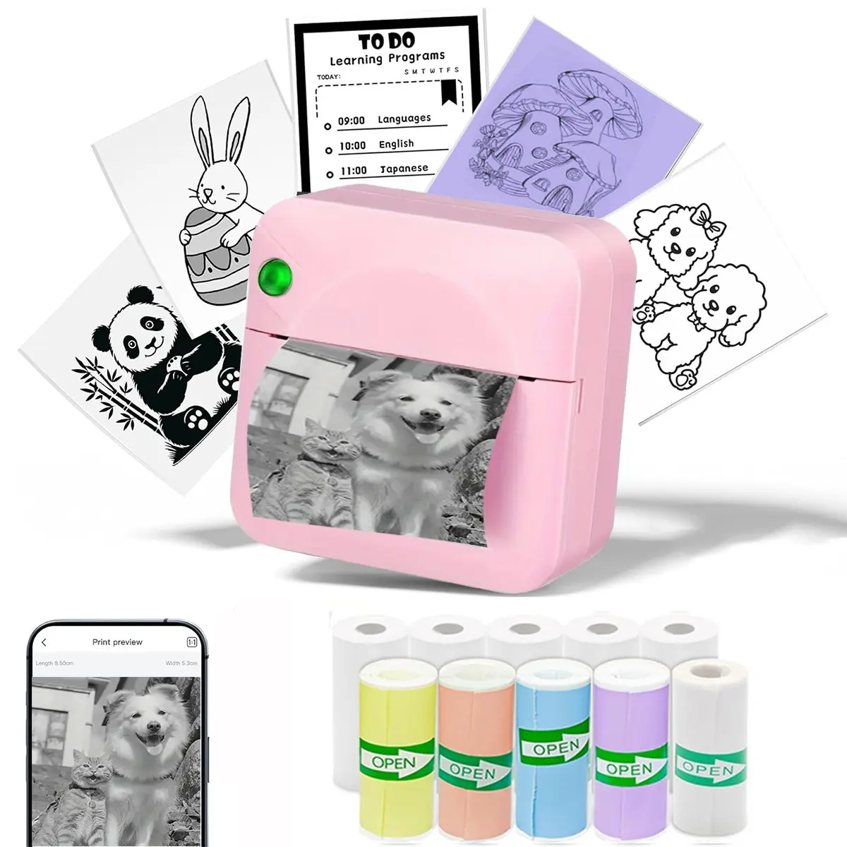 Portable Mini Printer, Thermal Label Maker, Inkless Label Printer with 10 Rolls Thermal Paper, Ideal for Notes, Photos, To-Do Lists, Memos, DIY, Compatible with iOS & Android