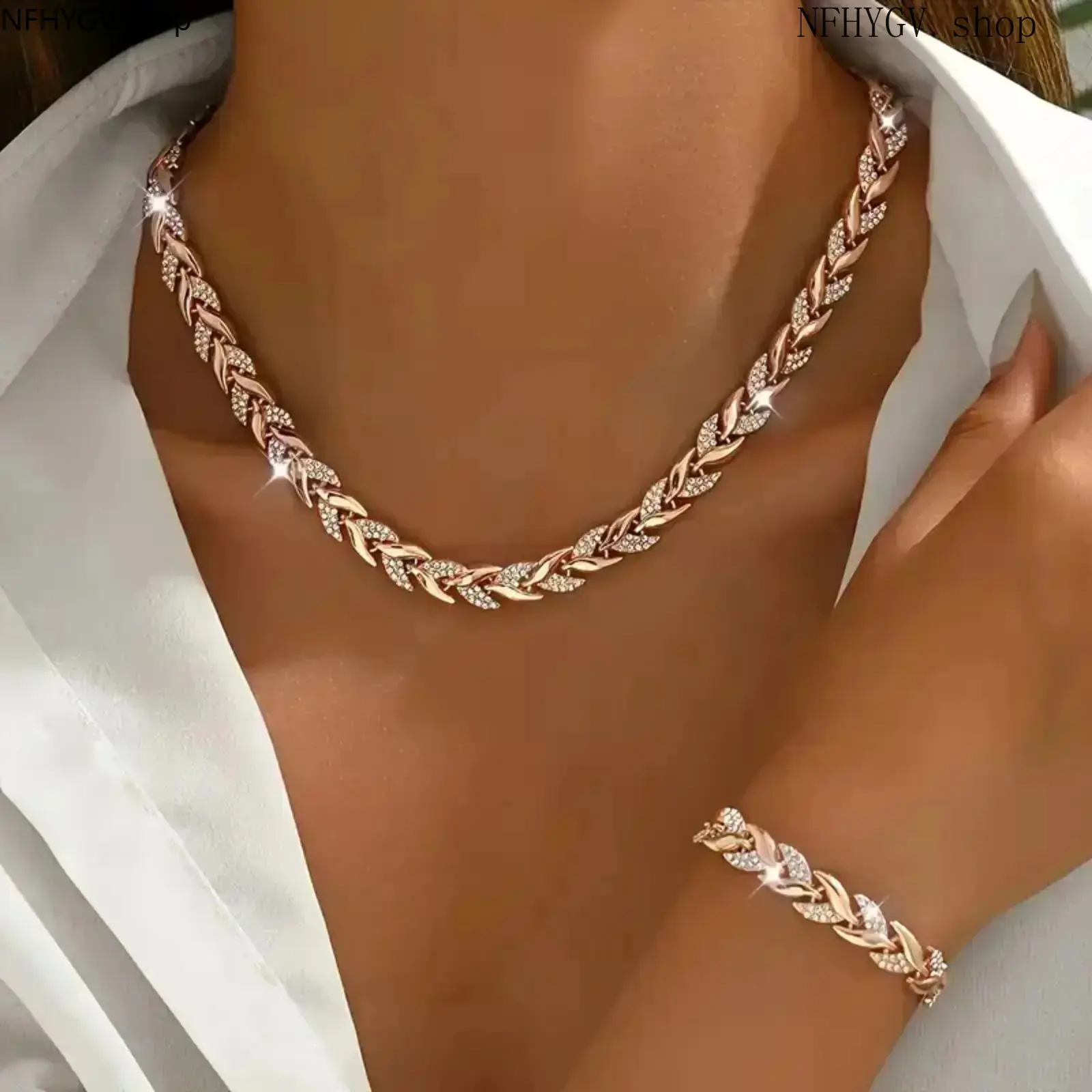 Women’s Fish-Tail Rhinestone Jewelry Set With Inlaid Glass Crystal Necklace And Bracelet, Luxury Elegant Statement Accessories for Daily Casual Outfits And All-Season Formal Banquet Events