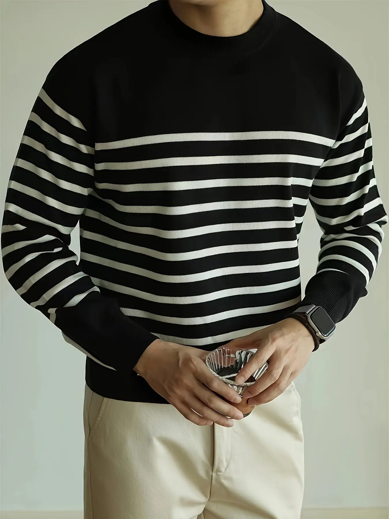 Men's Striped Sweater Crew Neck Long Sleeve Knit Pullover, Black White Contrast Stripe Colorblock Ribbed Trim Slim Fit Knitwear, Cozy Soft Warm Fall Winter Casual Sweater Tops For Men, Commute Office Date Streetwear Daily Wear Young Men, Black