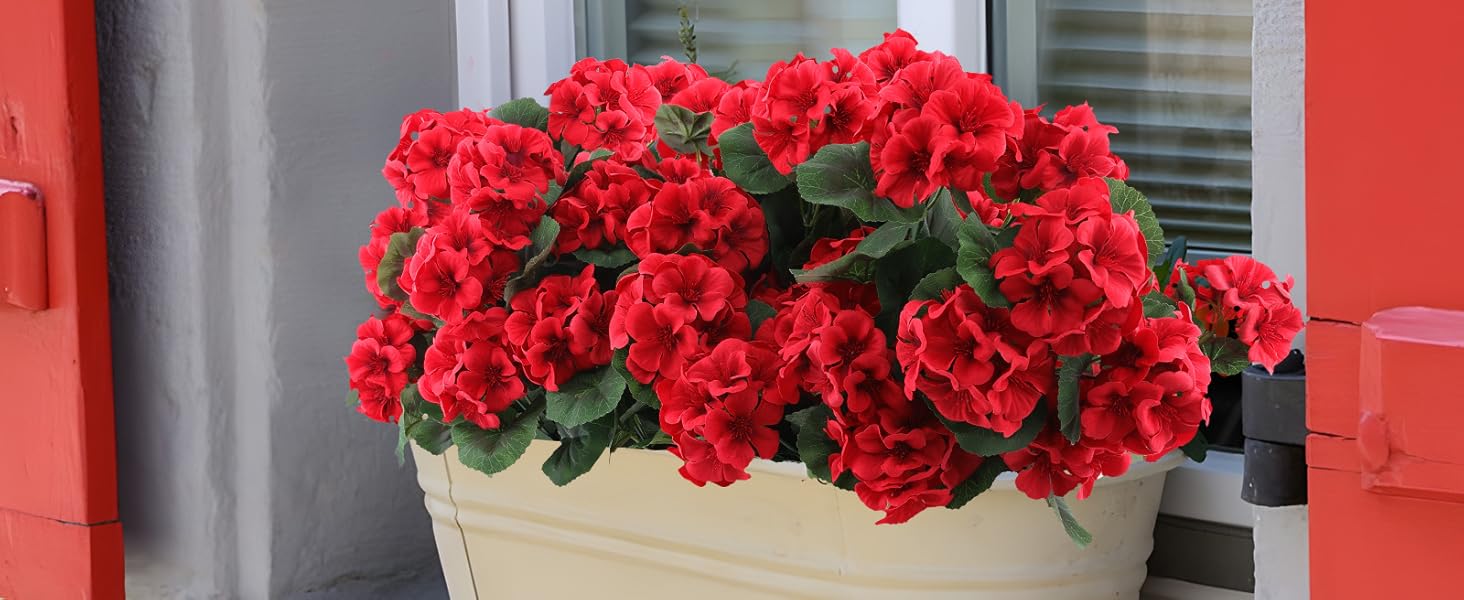 8 Pcs Artificial Geranium Flowers for Outdoors Geranium Silk Red Flower Outdoor UV Resistant Garden Plants Faux Flowers for Christmas Home Kitchen Table Centerpieces Decor