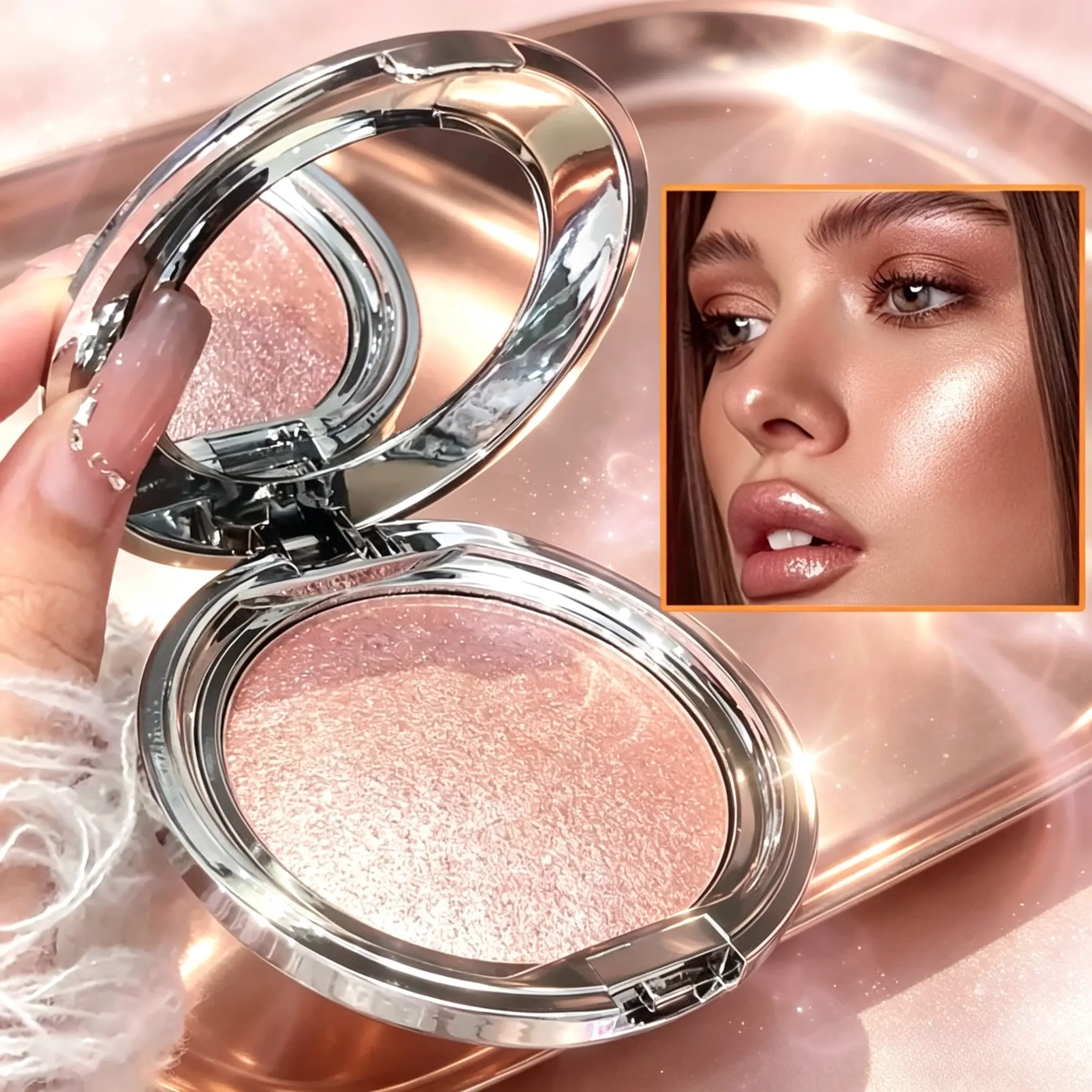 Sculpting Highlighter Powder, Cool Silver / Nude Pink / Milk Tea Gold Shades, Soft Shimmer For Plump Hydrating Glowing Skin