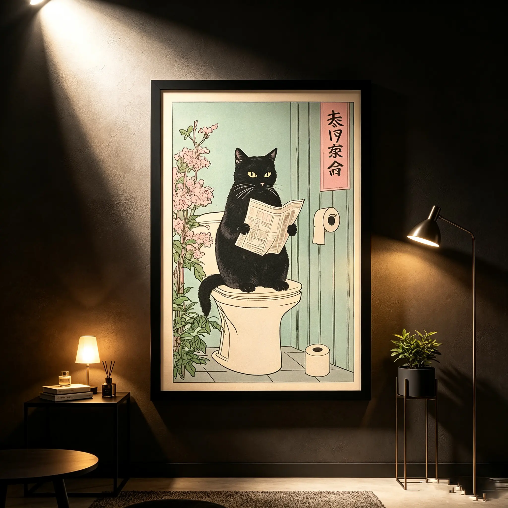Funny Black Cat Bathroom Canvas Wall Art Poster,Japanese Vintage Cat Poster, Cute Toilet Humor Canvas Print, Framed Bathroom Decor Gift for Cat Lovers Home Restroom