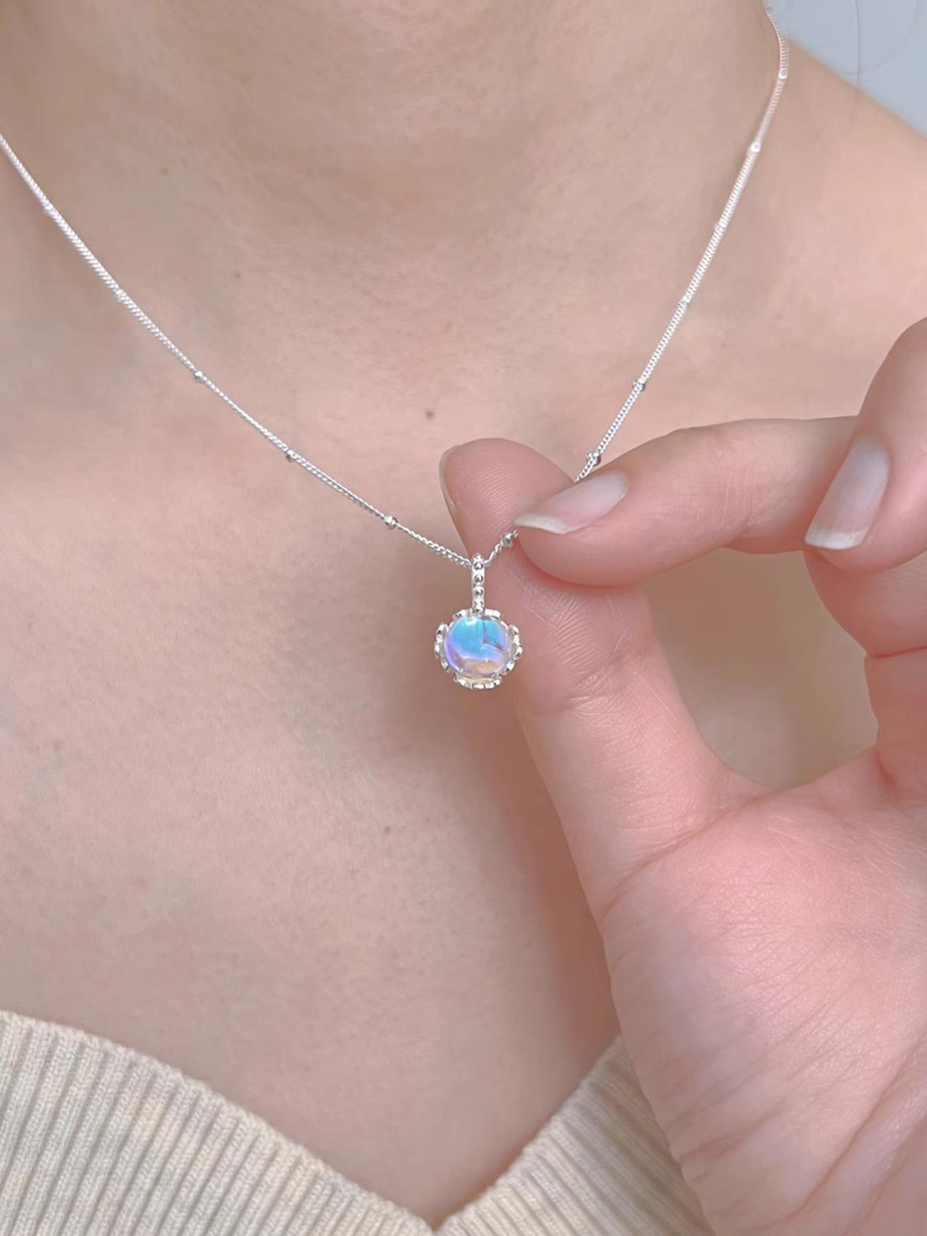 S925 Sterling Silver Moonstone Decor Pendant Necklace for Women, Fashion Jewelry for Party, Daily Clothing Decor, Trendy All-match & Exquisite Jewelry for Gift, Charm Necklaces