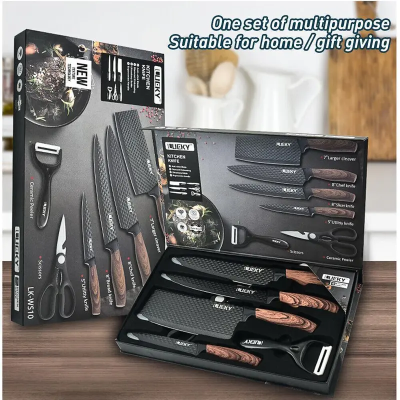 High Carbon Rust-Resistant Steel Kitchen Knives Set (6pcs/7-Pc) with Wooden Handle, 8in Blades, Ultra Sharp Cutting Kitchenware, 6-Pc Task Set with 3.5" Paring Detail, Scissors & Ceramic Peeler, Gift-Box Ready for Restaurant Use, Gift Box Packaging