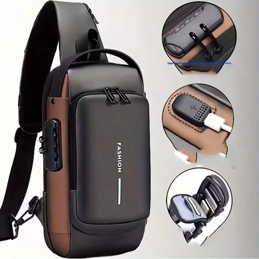 Men's Anti-Theft Password Lock Crossbody Bag, Adjustable Strap, Hardware, Durable Fabric, Zippered Pockets, /