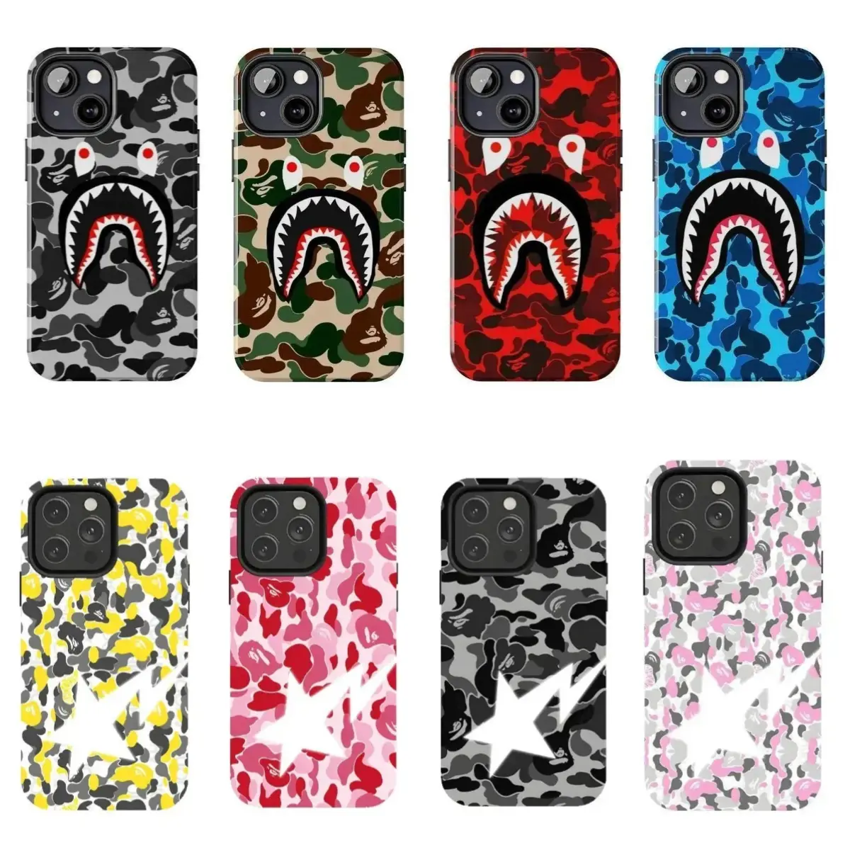 Bape Full-Color Camouflage "Lightning Star" and "Shark" phone Cases For iPhone17 Pro max and Air,16 15 14 13 12 Pro,14 15 16 Plus, The perfect gift for holidays, birthdays and parties.
