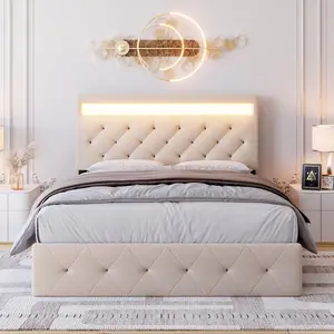 GARVEEQueen Size Upholstered Bed Frame with Adjustable Headboard, Built-in Charging Station, LED Lights, Heavy Duty Wood Slats, No Box Spring Needed, Easy Assembly, Available in Beige and Grey