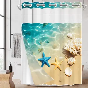1pc hookless shower curtain, Shower Curtain Liner, with buckle lining, blue and yellow starfish shallow beach design, 2D flat printing, fabric waterproof lining, see-through window double-layer, 71 x 74 inches, home curtain decoration, Bathroom Curtain