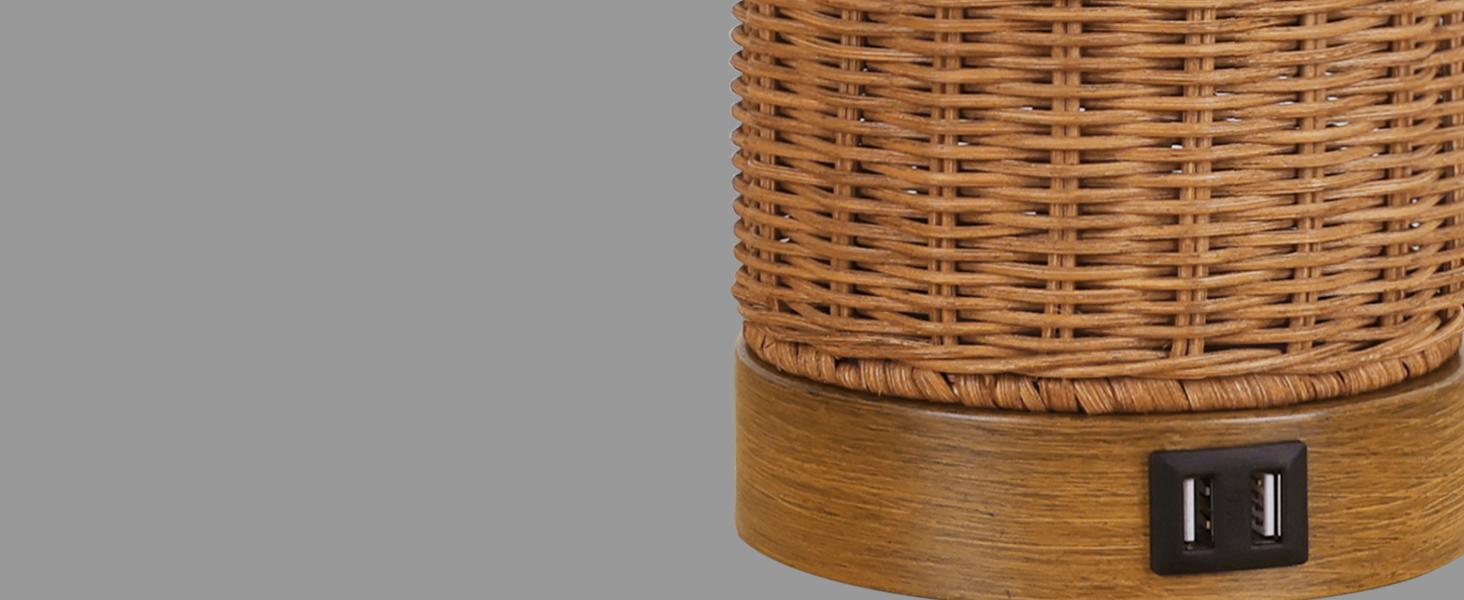 Set of 2 Rattan Table Lamps with 2 USB Ports, 29'' Tall Farmhouse Lamp for Living Room, Bedroom, Office, Vintage Brown Desk Nightstand Lamps with Oatmeal Fabric Linen Shade, Large Size