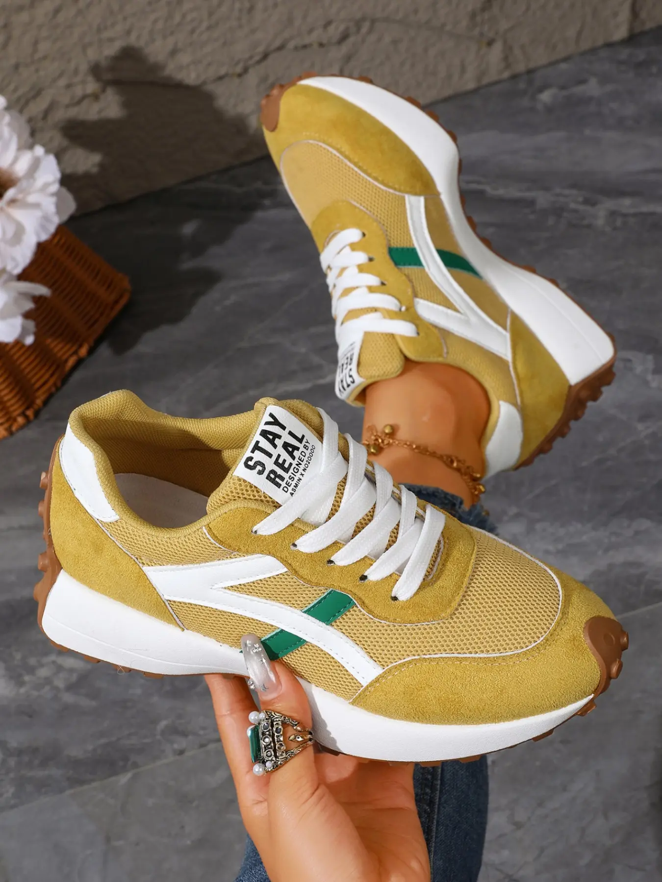 Women's Retro Aggro Dad Casual Sneaker Footwear, Colorblock Dual Stripe Design, Thick Sole Height Boost, Breathable Textured Upper, Anti-Slip Grip, Comfortable Daily Wear